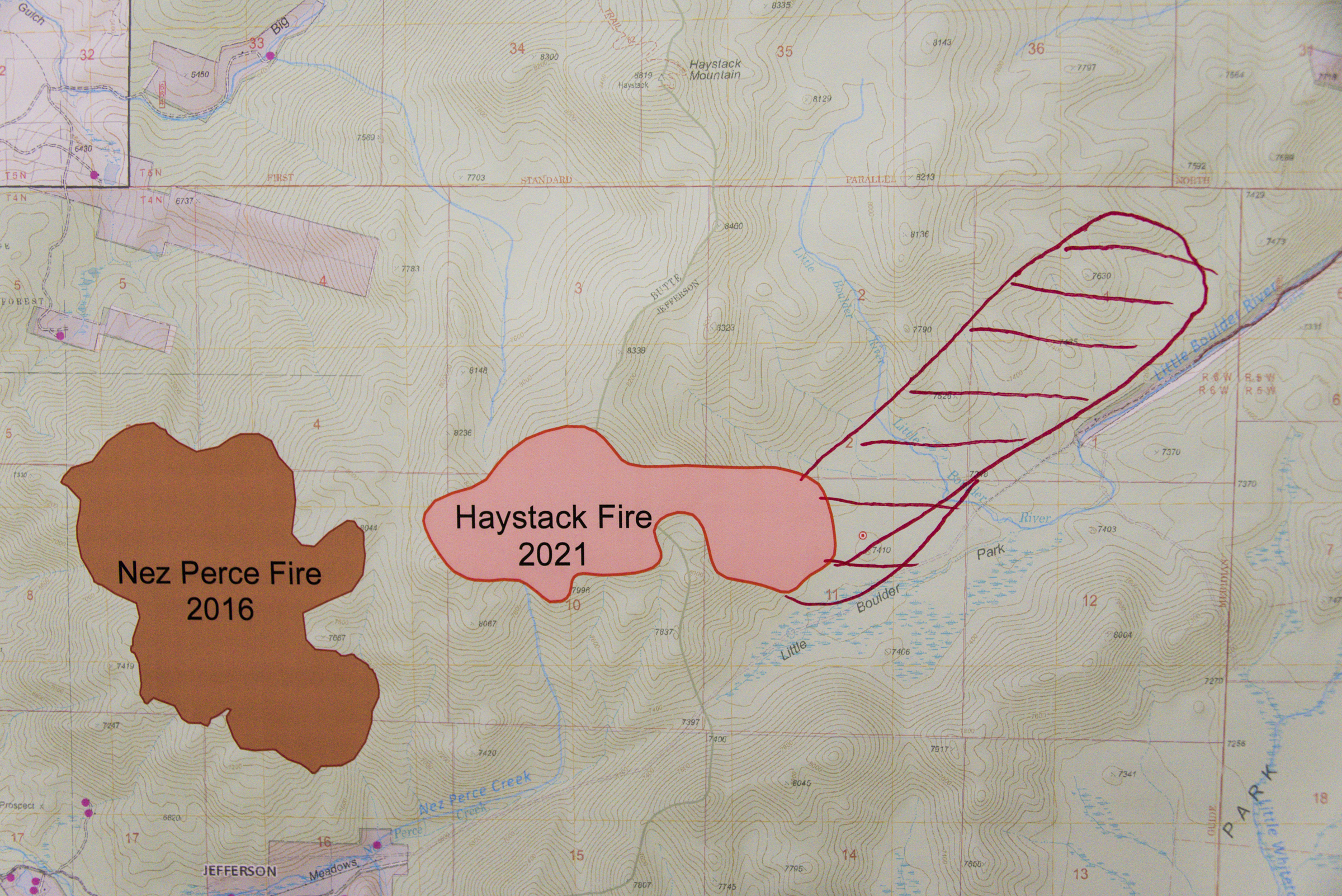 <p>A hand-annotated map shows where the Haystack Fire rapidly expanded to the northeast on Sept. 8. 